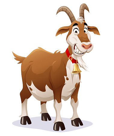 Vector illustration of a cheerful goat smiling at the camera, isolated on white. Collar with bell on a separate layer and can be easily removed.