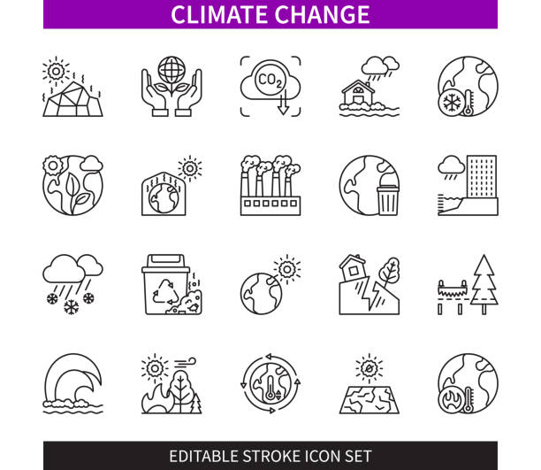 기후 변화 편집 가능한 획 아이콘 세트 - global warming pollution deforestation carbon dioxide stock illustrations