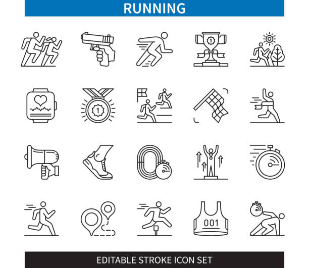 Running editable stroke icon set Editable line Running outline icon set. Sprint, Marathon, Win, Hurdle, Trophy, Distance, Cardio, Starting Pistol. Editable stroke icons EPS starting gun stock illustrations