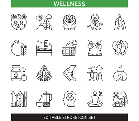 Editable line Wellness outline icon set. Health, Massage, Nutrition, Running, Aromatherapy, Welfare, Yoga, Sauna. Editable stroke icons EPS