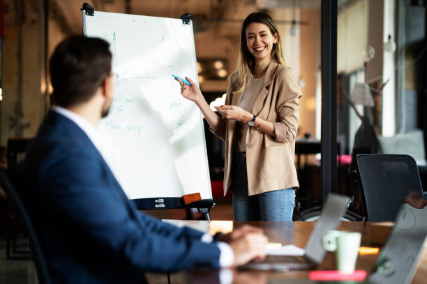 istock Businesswoman present her idea to working team. 1498608699