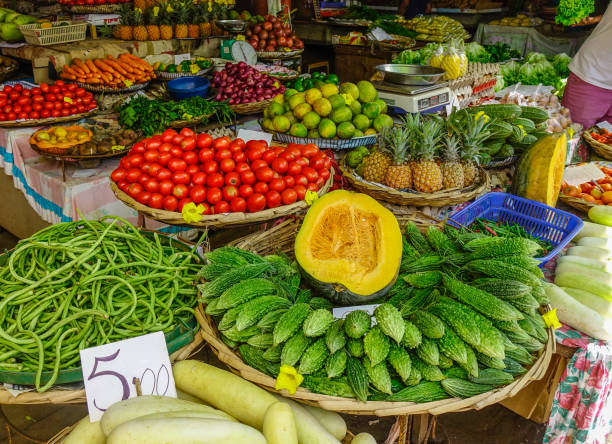 Local market in Port Louis, Mauritius. Port Louis is the country economic, cultural and political centre.