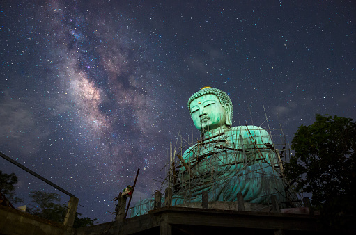 Daibutsu, or 'Giant Buddha, is a Japanese term often used informally for a large statue of Buddha. Giant Buddha with Milky Way in the Sky at Night, Mae Tha District, Lampang Province