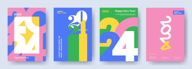 konsep kreatif set poster selamat tahun baru 2024. desain template dengan logo tipografi 2024 untuk perayaan dan dekorasi musim. latar belakang trendi minimalis untuk branding, spanduk, sampul, kartu - desain-dokumen ilustrasi stok