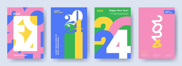 2024년 새해 복 많이 받으세요 포스터 세트의 창의적인 개념. 축하 및 시즌 장식을 위한 타이포그래피 로고 2024가 있는 디자인 템플릿. 브랜딩, 배너, 표지, 카드에 대한 최소한의 트렌디한 배경 - happy new year 2024 stock illustrations