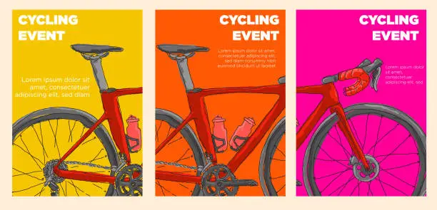 Vector illustration of cycling event poster set. parts of road bike. abstract style vector illustration