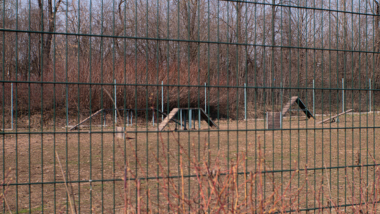 An empty area for training and walking dogs, fenced. Fenced dog playground in the city park. Specially equipped place for safe walking and training of dogs..