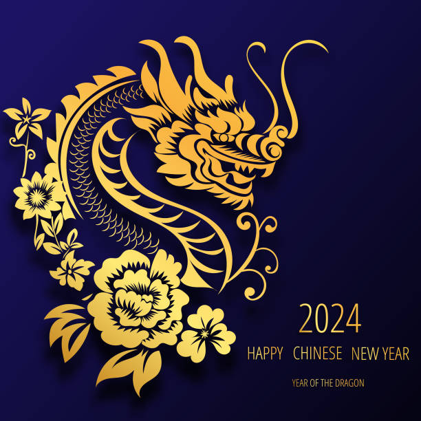 ilustrações de stock, clip art, desenhos animados e ícones de chinese new year 2024, the year of the dragon, red and gold line art characters, simple hand-drawn asian elements with craft (chinese translation: happy chinese new year 2024, year of the dragon) - lunar year