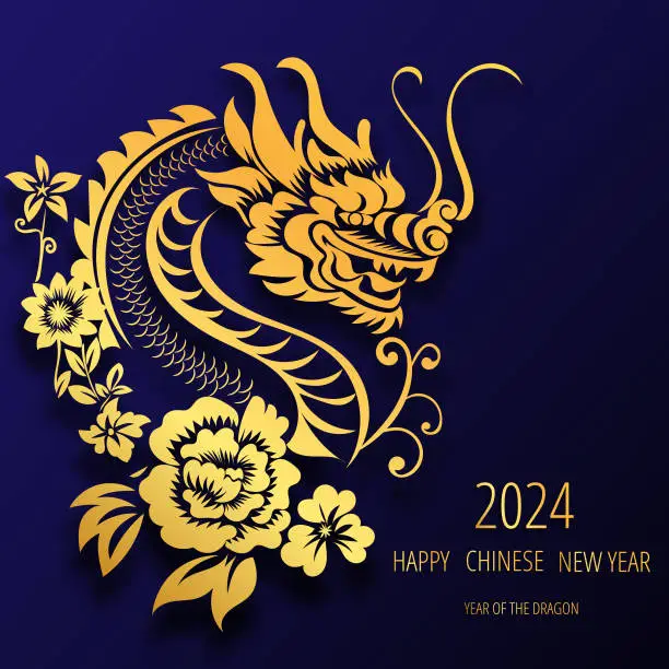 Vector illustration of Chinese New Year 2024, the year of the Dragon, red and gold line art characters, simple hand-drawn Asian elements with craft (Chinese translation: Happy Chinese New Year 2024, year of the Dragon)