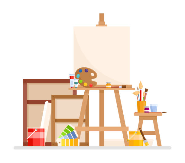 ilustraciones, imágenes clip art, dibujos animados e iconos de stock de interior del estudio de arte. - atelier de artista