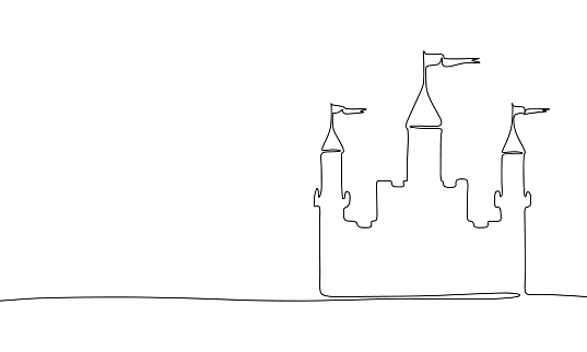 One Continuous line drawing of castle. Thin curls and romantic symbols in simple linear style. Minimalistic Doodle vector illustration