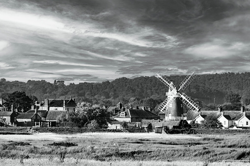 Black and White image of the Village of Cley Next The Sea, North Norfolk, UK.