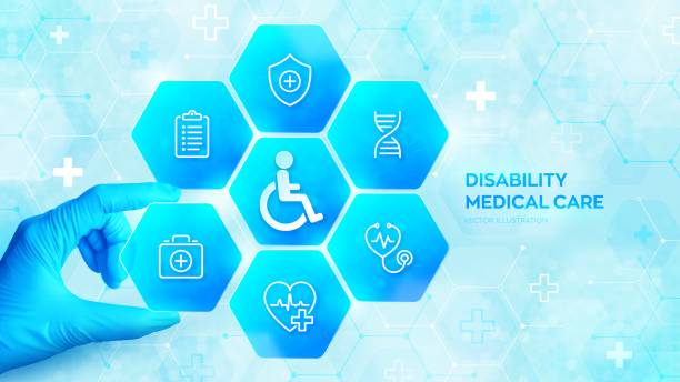 istock Disability medical care. Hand in blue glove places an element into a composition with medical icons visualizing Disability insurance. Medical rehabilitation concept. Handicapped patient help. Vector. 1498618522