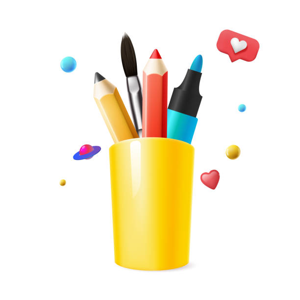 istock Pencils holder with different stationery in yellow plastic glass white background realistic. Vector illustration 1498618594