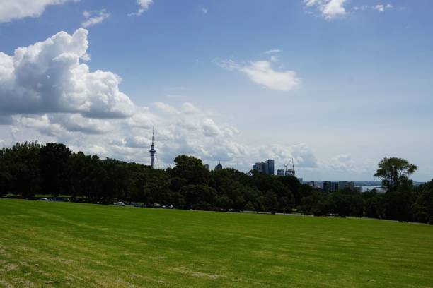 istock the view of a park with green grass and large clouds 1498618647