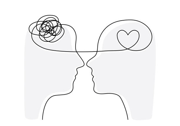 durchgehende strichzeichnung von zwei personen mit betonung und herzsymbol, lineart-vektorillustration. - heart shape behavior human head hope stock-grafiken, -clipart, -cartoons und -symbole