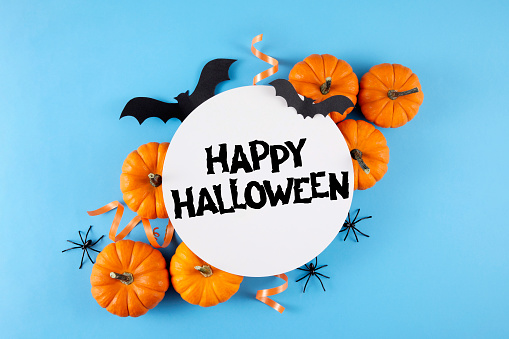 Halloween background with pumpkins bats and related objects on blue background