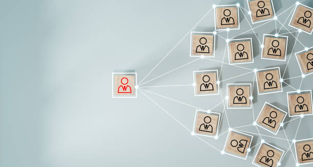 istock Wooden cube block print screen person icon which link connection network for organisation structure social network and teamwork concept. 1498622484