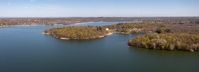 Farum, Denmark - April 20, 2022: Aerial drone view of Fureso Lake in northeastern Zealand.