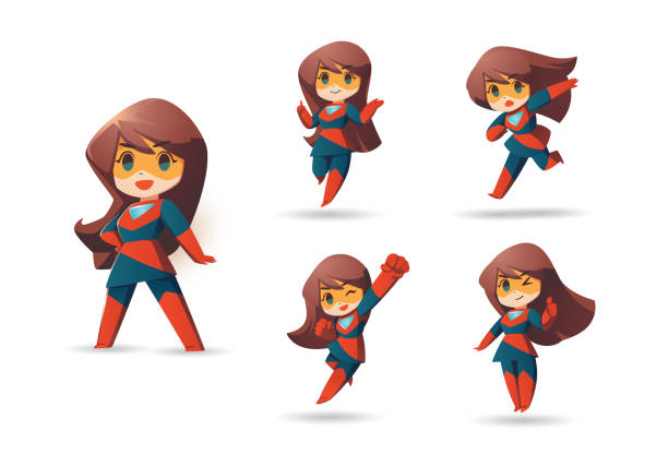 super bohaterka dziewczyny chibi maskotka postać - superhero child partnership teamwork stock illustrations