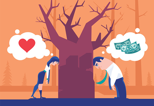 vector illustration of tired businessman and woman leaning on bare tree and thinking