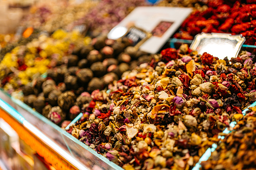 Floral tea mixtures at the Grand Bazaar In Kapali Carsi in Istanbul, Turkey.