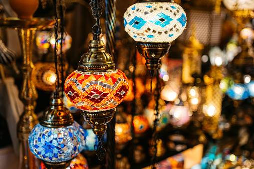Mosaic lamps at the Grand Bazaar In Kapali Carsi in Istanbul, Turkey.