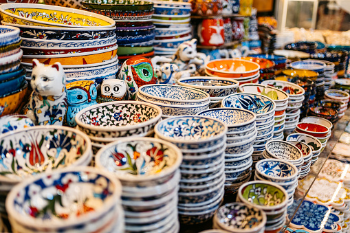 Porcelain crockery at the Grand Bazaar In Kapali Carsi in Istanbul, Turkey.