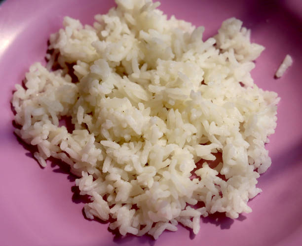 istock cooked white rice on purple plate. shot from top view and close up 1498630853