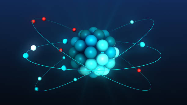 Atom Model (electrons, neutrons, protons) Atom model, protons and neutrons in atomic nucleus and orbiting electrons, nuclear fusion atoms stock pictures, royalty-free photos & images