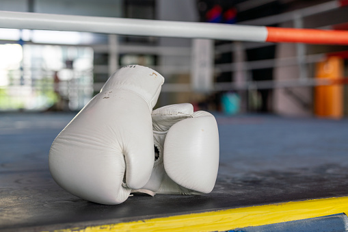 Photo of a pair of white boxing gloves on the floor of a boxing ring in a gym