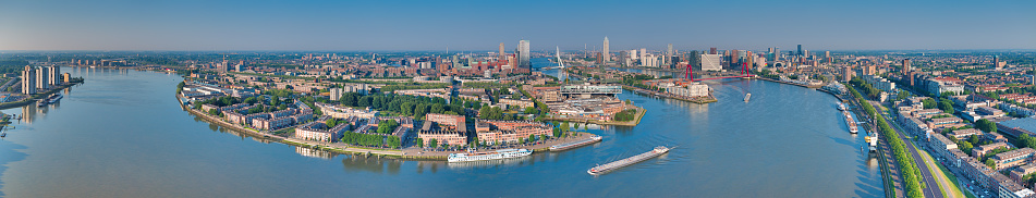 Drone shot: Panorama view in the Hamburg harbor, Germany.  View over the \