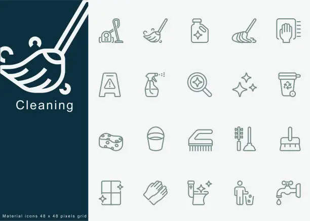 Vector illustration of Cleaning, Sparkles Stars, Laundry, Sponge, Vacuum, Easy clean surface, Cleaning service, Washing dishes, Housekeeping, Cleaner, Washing House Pictogram, Bathroom and Toilet. Line Icons, Minimal Icons