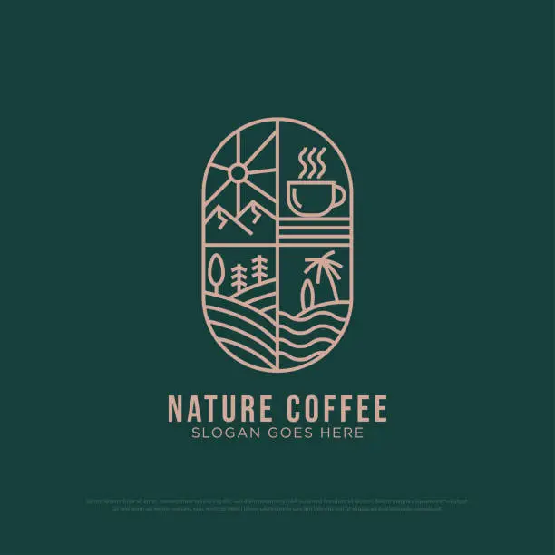 Vector illustration of Nature Coffee logo design vector, vintage Outdoor coffee logo illustration with outline style, best for restaurant, beverages logo brand