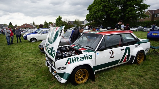 Bridge of Allan, United Kingdom – May 08, 2022: A classic Fiat 131 Abarth Group 4 rally car at a car show in Bridge of Allan, Stirling, Scotland.