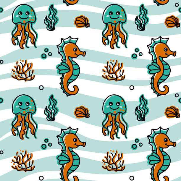illustrazioni stock, clip art, cartoni animati e icone di tendenza di animali marini, stampa estiva per tessuti per bambini e altri prodotti. - water plant coral sea jellyfish