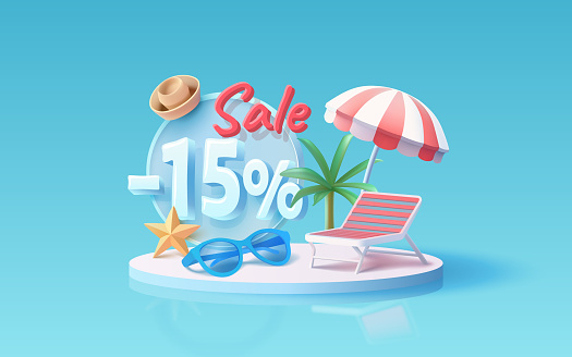 Summer time banner sale -15 Percentage, beach umbrella with lounger for relaxation, sunglasses, seaside vacation scene. Vector