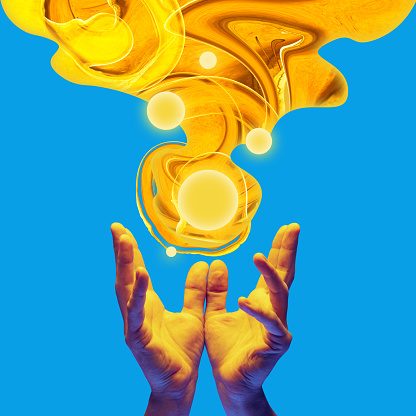 Sunny. Human hands gesturing with futuristic liquid shape over blue neon background. Concept of modern art, design for print, wallpapper, ad. Futurism