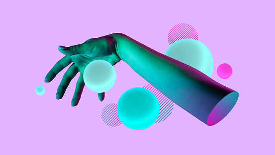 Human hands gesturing with futuristic objects over pink background. Concept of modern art design, wallpapper, ad. Futurism