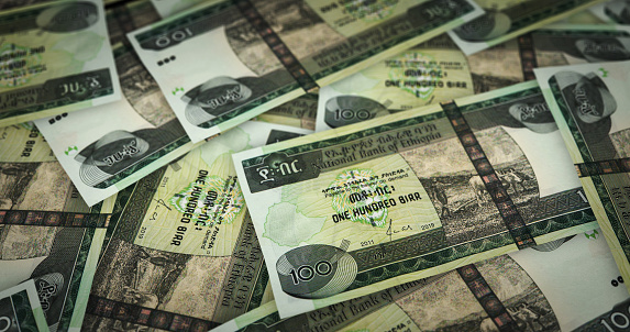 Ethiopia Birr sheet of money print 3d illustration. ETB banknotes printing background concept of finance, economy crisis, inflation and business.
