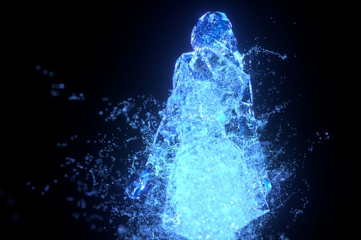 Modern woman made of particles, 3d rendering