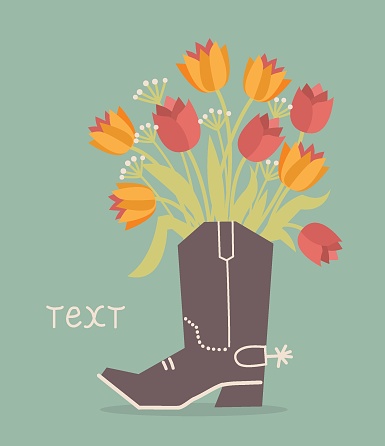 Cowboy boot with flowers decoration. Vector cowboy boot and beautiful yellow tulips flowers on background. Country vintage card for design.