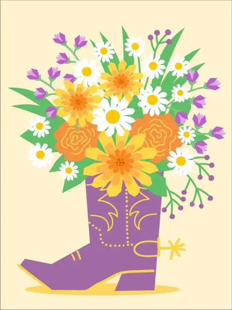 Vector illustration of Cowboy boot with flowers decoration. Vector cowboy boot and wild field flowers. Country decoration for design.