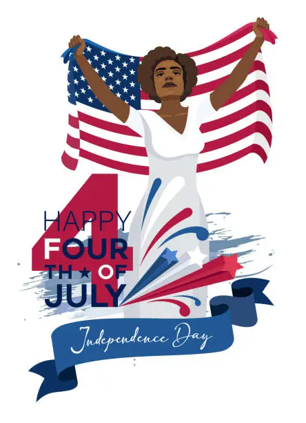 Vector illustration of African American Woman Carrying USA Flag. Fourth of July. US national holiday. Independence Day.