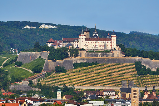 Gruyeres, Switzerland - June 9, 2019: Chateau de Gruyeres, the major attraction of city Gruyeres in canton of Fribourg, Switzerland during June 2019