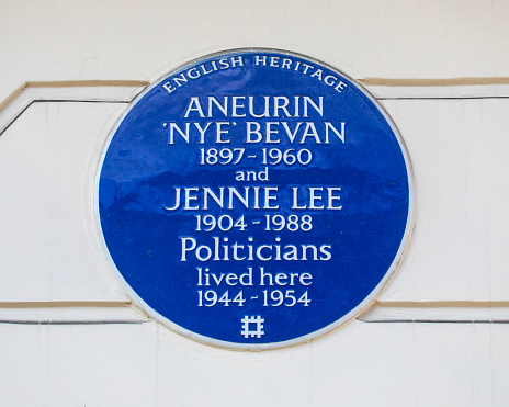 London, UK - March 14th 2023: A blue plaque on Cliveden Place in Chelsea, London, marking the location where politicians Nye Bevan and Jennie Lee once lived.