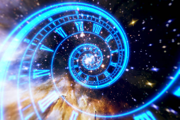 surrealistyczny zegar spiralny w kosmosie. - czas zdjęcia i obrazy z banku zdjęć