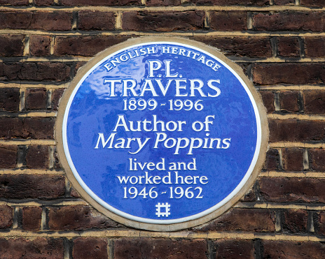 London, UK - March 14th 2023: A blue plaque on Smith Street in Chelsea, London, marking the location where the author of Mary Poppins - PL Travers, lived and worked.