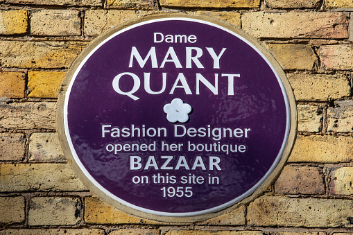 London, UK - March 14th 2023: Plaque on Kings Road in Chelsea, London, marking where famous fashion designer Dame Mary Quant opened her boutique Bazaar in 1955.
