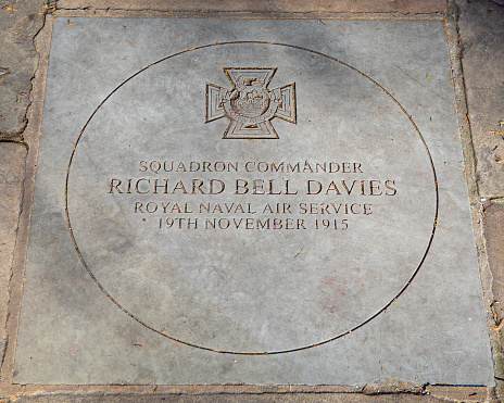 Stone plaque in Sloane Square, London, dedicated to Squadron Commander Richard Bell Davies who won the Victoria Cross in November 1915 for his heroic actions during the 1st World War.